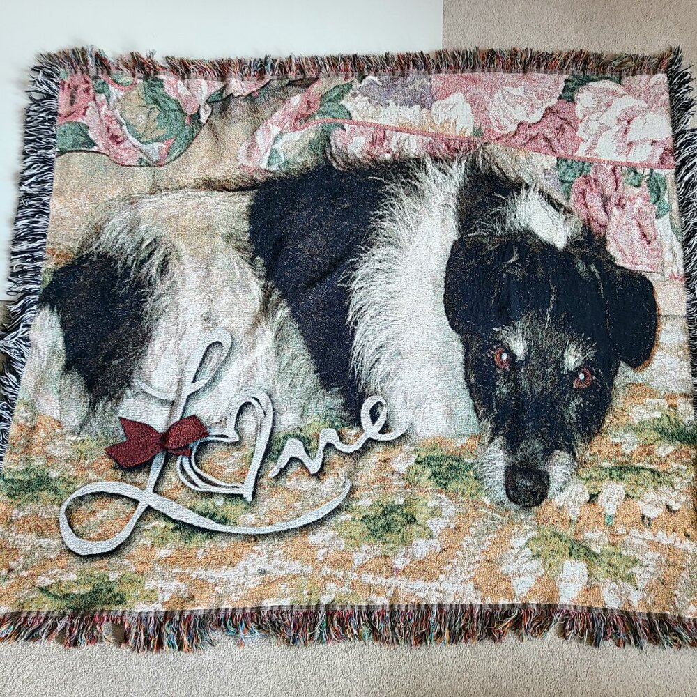Woven blanket throw Afghan with dog. ''Love''